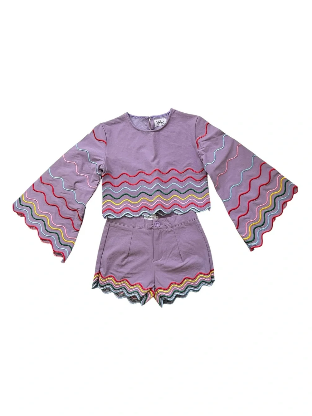 Lola and The Boys Rainbow Wave Short Set Purple With Multicolor Stitching Sz 12